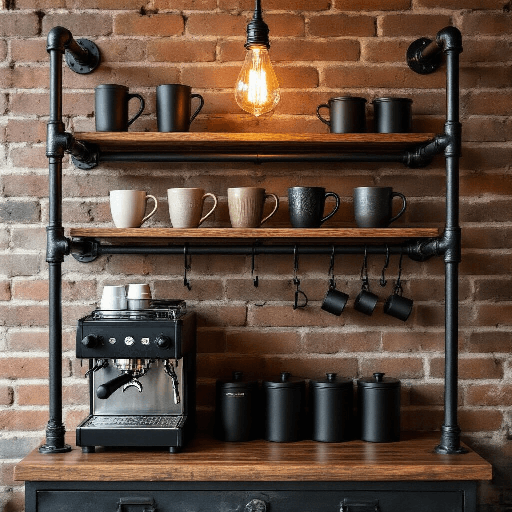 Coffee Nook Ideas for Small Spaces That Actually Work An industrial-style coffee station on exposed brick, featuring black metal pipe shelves with wooden planks, textured mugs on hooks, a compact espresso machine on the lower shelf, and matte black canisters, all illuminated by a warm Edison bulb pendant light.