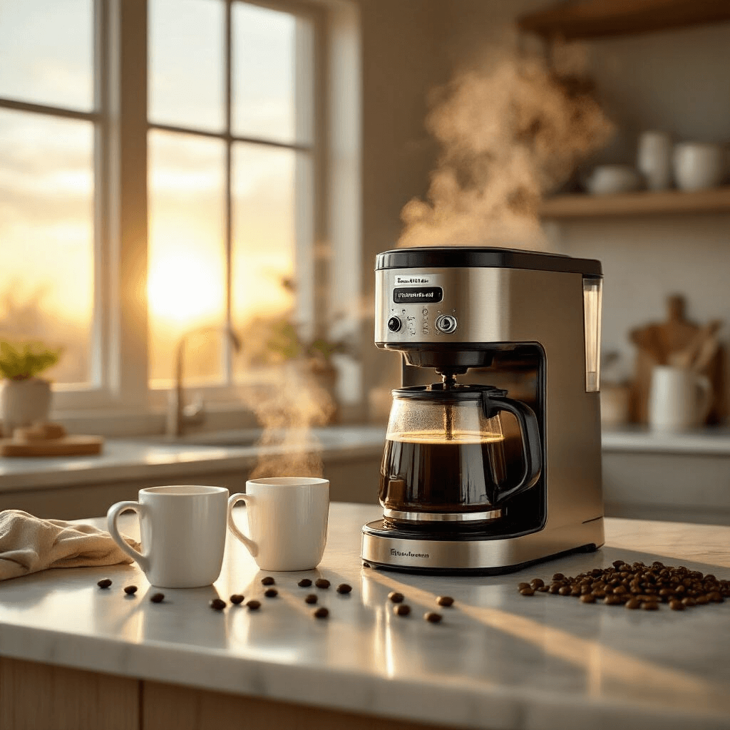I Finally Found a Coffee Maker That Doesn't Make Me Want to Scream at 6 AM A photorealistic kitchen scene featuring a KitchenAid 12-cup drip coffee maker with steam rising from a coffee carafe, illuminated by soft golden sunrise light through large windows, set against minimalist marble countertops and a warm neutral color palette.