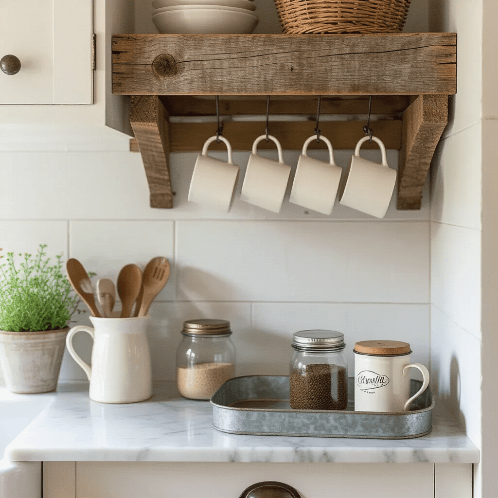 Coffee Nook Ideas for Small Spaces That Actually Work A cozy farmhouse-inspired coffee nook in a kitchen corner, featuring a reclaimed wood shelf, marble countertop, vintage mugs on metal hooks, mason jars for coffee and sugar, a galvanized metal tray, and a vintage coffee tin, all bathed in soft, natural light.