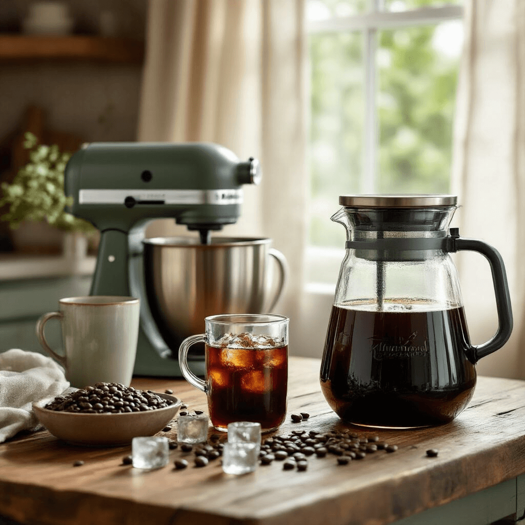 I Finally Found a Coffee Maker That Doesn't Make Me Want to Scream at 6 AM Cozy kitchen scene featuring a KitchenAid cold brew maker on a rustic wooden table, a large glass carafe of dark cold brew concentrate, ice cubes, fresh coffee beans, and soft daylight through linen curtains, with muted sage green and warm wood tones enhancing the relaxed summer morning ambiance.