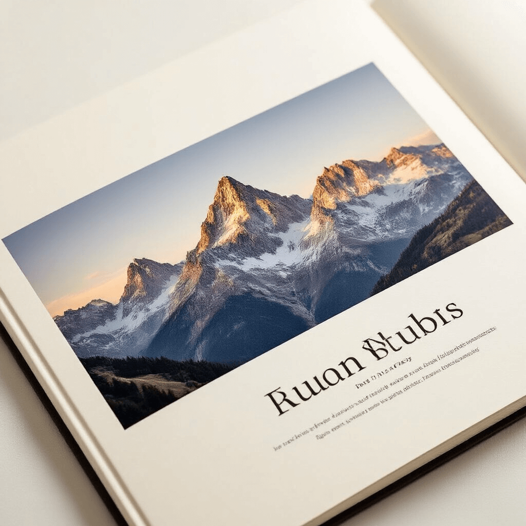 Coffee Table Book Layout: How to Design Pages That People Actually Want to Flip Through A luxurious coffee table book spread featuring a full-bleed landscape photograph of an alpine mountain range with soft golden hour lighting, elegant sans-serif captions in charcoal gray, on high-quality cream textured paper.