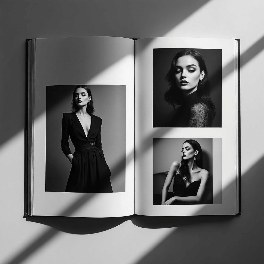 Coffee Table Book Layout: How to Design Pages That People Actually Want to Flip Through Artistic coffee table book page featuring three vertical black and white fashion photographs of models in avant-garde poses, arranged asymmetrically with generous white space, illuminated by soft natural daylight. Minimal typography in an elegant serif font provides contextual information.