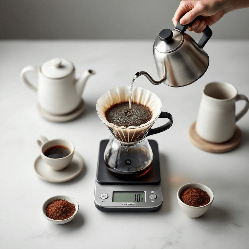 I Finally Found a Coffee Maker That Doesn't Make Me Want to Scream at 6 AM A precision pour-over coffee setup featuring a KitchenAid gooseneck kettle, measured coffee grounds, a digital scale, and a ceramic dripper, captured in an overhead flat lay with a soft minimalist background in neutral whites and grays.