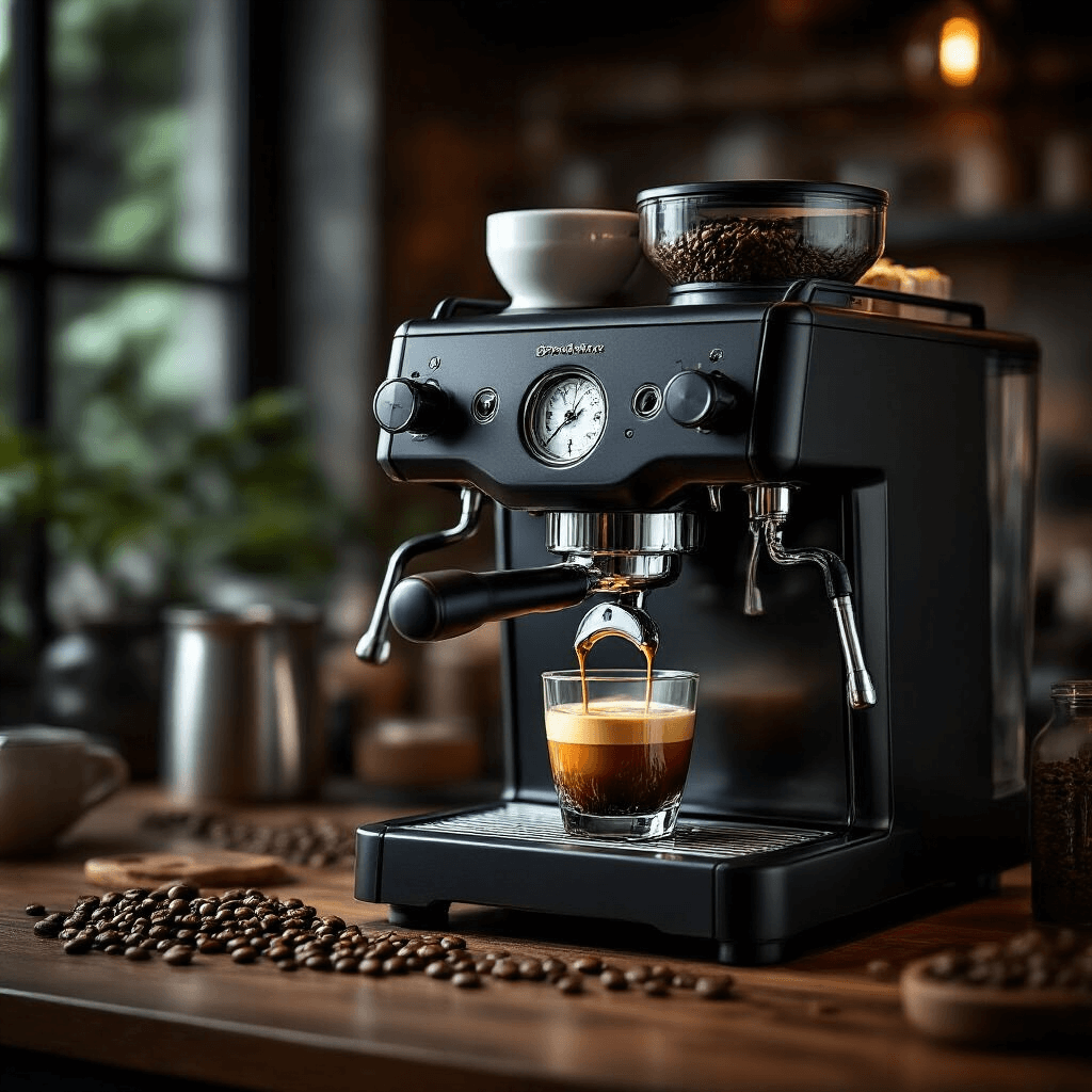 I Finally Found a Coffee Maker That Doesn't Make Me Want to Scream at 6 AM A sophisticated semi-automatic espresso machine with a built-in burr grinder and steam wand in action, set on a professional kitchen countertop, surrounded by various coffee bean varieties, all illuminated by rich moody lighting and deep shadows, highlighting the machine's metallic and matte black finishes.
