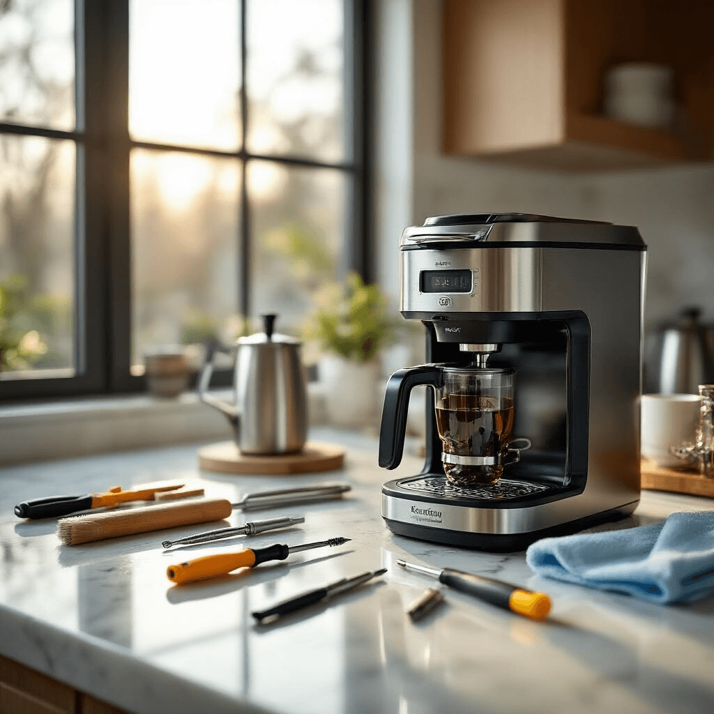 The Real Talk About Keurig Coffee Maker Problems (And How I Finally Fixed Mine) A photorealistic image of a coffee maker being repaired in a modern kitchen, featuring a partially disassembled stainless steel Keurig machine on a pristine marble countertop with tools like precision screwdrivers and cleaning brushes illuminated by soft morning light from large windows.