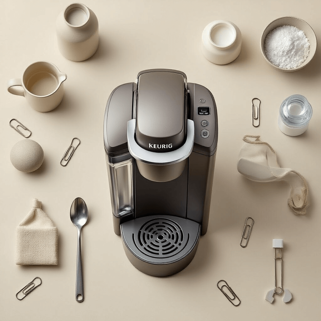 The Real Talk About Keurig Coffee Maker Problems (And How I Finally Fixed Mine) A flat-lay composition featuring a Keurig coffee maker with cleaning tools, descaling solution, paper clips, and a filtered water bottle arranged geometrically, all in soft neutral tones of cream, gray, and taupe, with precise lighting highlighting various textures.