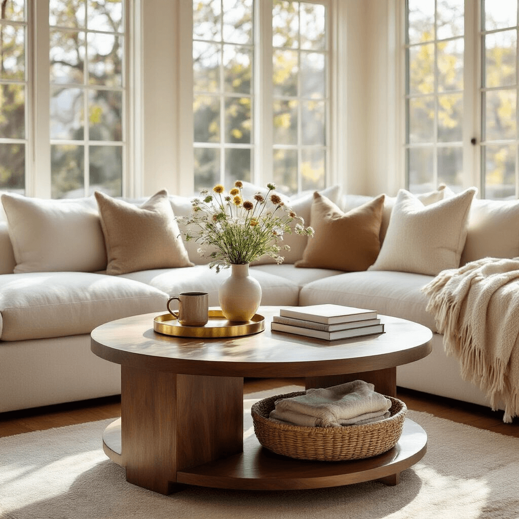 Coffee Table Aesthetic: How I Learned to Make This One Piece Transform My Entire Living Room A spacious and warmly lit living room with a round walnut coffee table holding a brass tray, ceramic mug, stacked design books, and a vase of fresh wildflowers, surrounded by a plush cream-colored sectional sofa and a woven basket of blankets, with morning sunlight streaming through large windows.