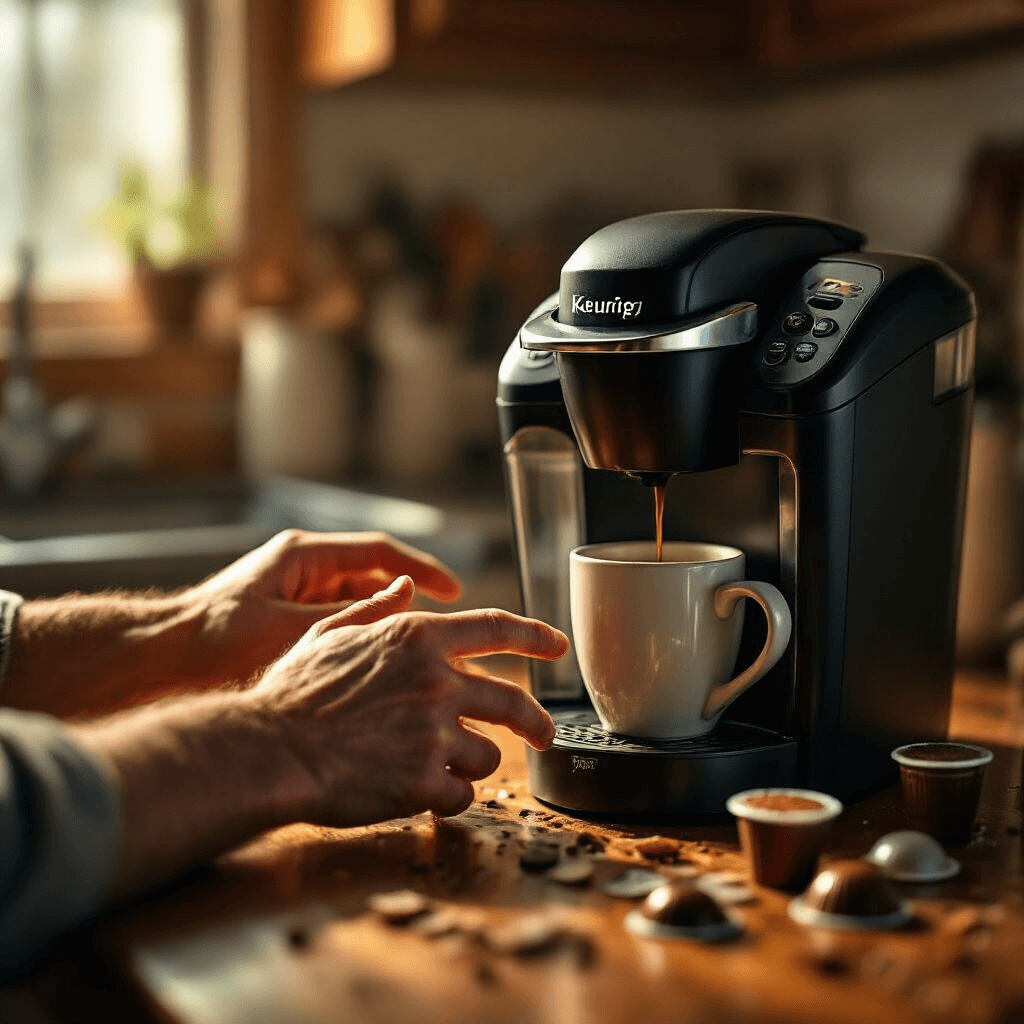The Real Talk About Keurig Coffee Maker Problems (And How I Finally Fixed Mine) Close-up of a frustrated person's hands interacting with a malfunctioning Keurig, illuminated by warm kitchen lighting, with scattered coffee pods and a half-empty mug in the background.