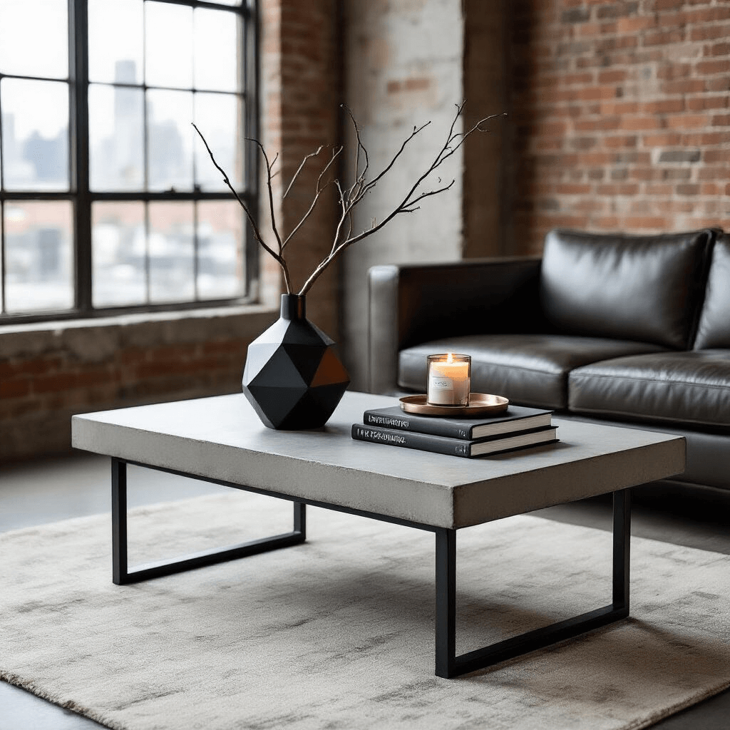 Coffee Table Aesthetic: How I Learned to Make This One Piece Transform My Entire Living Room An industrial-chic coffee table with a concrete top and metal legs, adorned with a geometric black vase, stacked monochromatic art books, and a metallic candle tray, set in a minimalist loft space with exposed brick walls and a deep charcoal sofa.