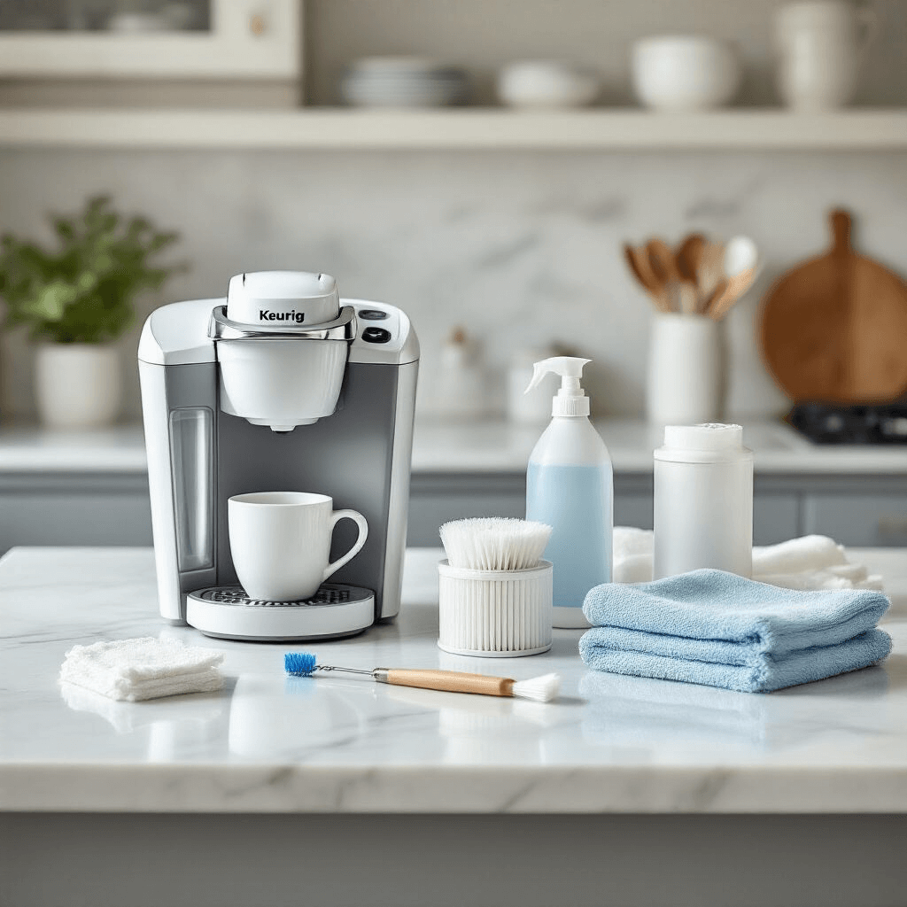 The Real Talk About Keurig Coffee Maker Problems (And How I Finally Fixed Mine) A well-organized kitchen counter featuring Keurig maintenance tools and cleaning supplies on a white marble surface, including a needle cleaning tool, descaling solution, microfiber cloths, and a fresh water filter, all illuminated by soft natural light in a muted color palette of whites, grays, and soft blues.