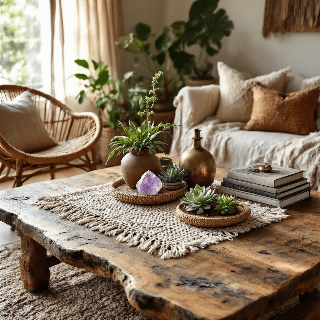 Coffee Table Aesthetic: How I Learned to Make This One Piece Transform My Entire Living Room A cozy bohemian living room featuring a reclaimed wood coffee table adorned with a macramé runner, woven coasters, crystals, succulents, and vintage brass objects, alongside a low rattan chair and trailing plants, all illuminated by golden afternoon light filtering through sheer curtains.