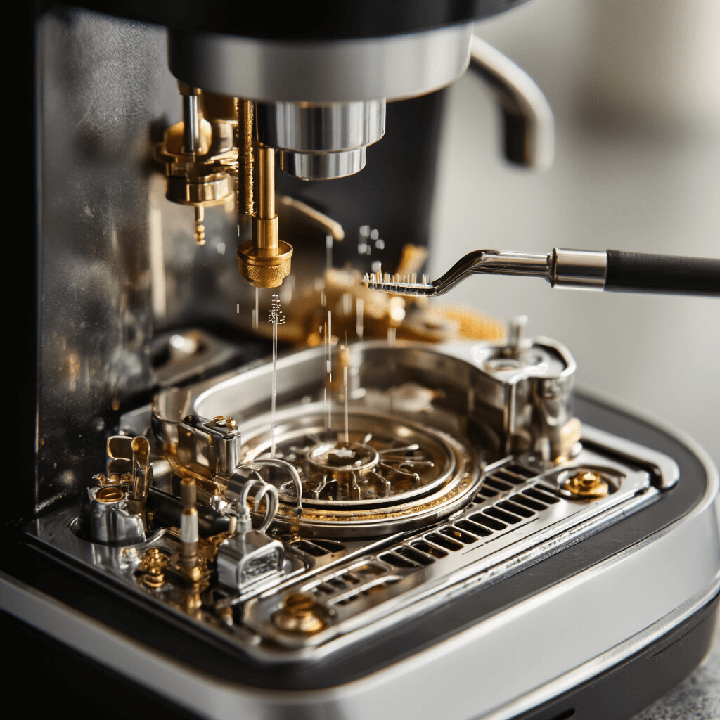 The Real Talk About Keurig Coffee Maker Problems (And How I Finally Fixed Mine) A close-up view of a Keurig machine's internal components, highlighting intricate needle mechanisms, water channels, and brewing parts, with precision tools and cleaning brushes arranged to emphasize the technical complexity of coffee maker maintenance.