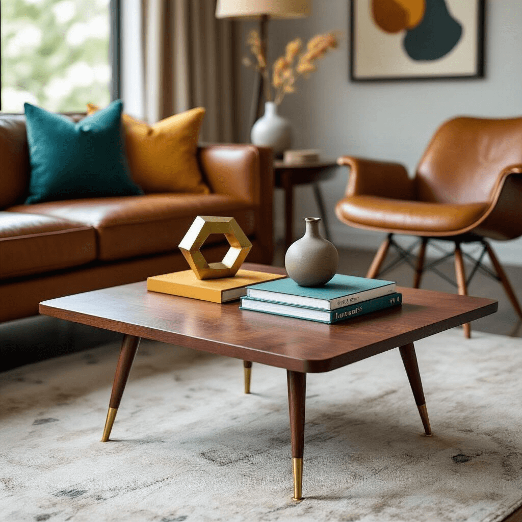 Coffee Table Aesthetic: How I Learned to Make This One Piece Transform My Entire Living Room A mid-century modern walnut coffee table with brass legs, surrounded by a cognac leather sofa and vintage Eames chair, adorned with a geometric brass sculpture, design books in mustard and teal, and a ceramic vase with a single stem, all under soft ambient lighting and abstract art.