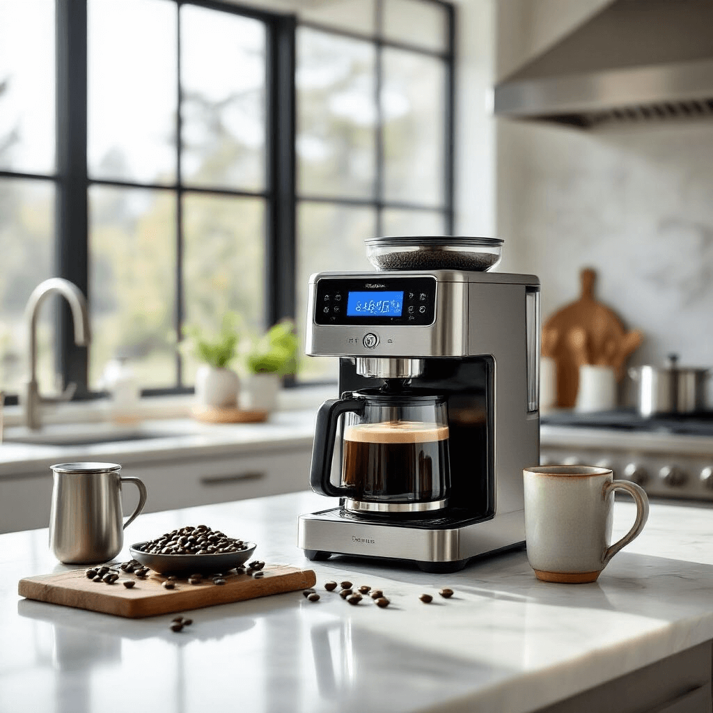 The Wolf Coffee Maker: Everything You Need to Know Before Spending $600 A luxurious modern kitchen countertop featuring a Wolf Gourmet coffee maker with a glowing digital display, surrounded by artisan coffee beans, a precision scale, and a handcrafted ceramic mug, all bathed in soft morning light and set against minimalist white marble and stainless steel appliances.