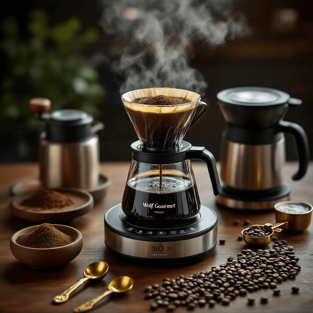The Wolf Coffee Maker: Everything You Need to Know Before Spending $600 A dramatic overhead view of a Wolf Gourmet coffee maker in action, with coffee grounds falling onto a built-in scale, a thermal carafe, steam rising, and elegant coffee accessories including a burr grinder and brass measuring spoons, all enhanced by natural soft lighting.