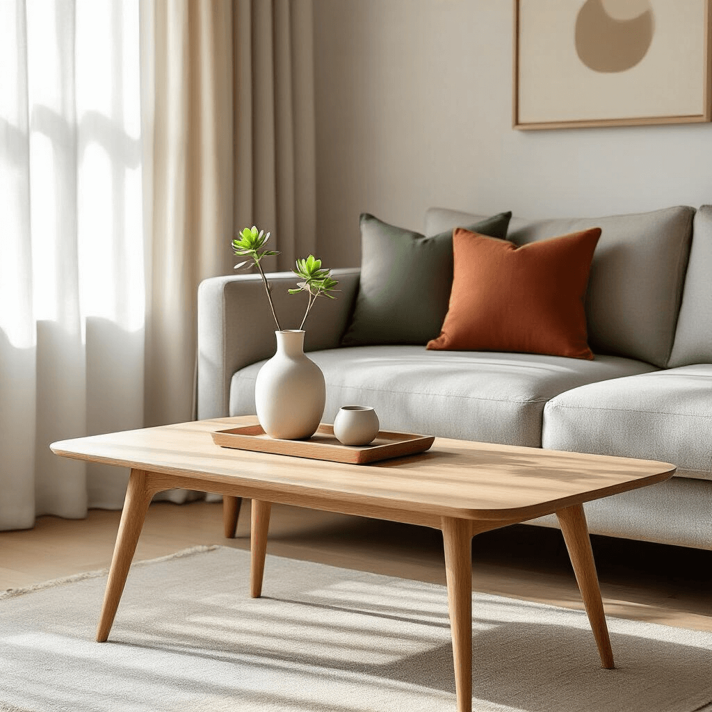The Simple Coffee Table That'll Transform Your Living Room (Without Trying Too Hard) A minimalist Scandinavian living room featuring a sleek oak coffee table with tapered legs, positioned beside a light gray linen sofa. A white ceramic vase with green succulent stems sits on a wooden tray at the center of the table, illuminated by soft golden hour light filtering through sheer white curtains. Muted terracotta and sage green cushions, hardwood floors, and a simple abstract art piece in soft neutrals complete the serene space.