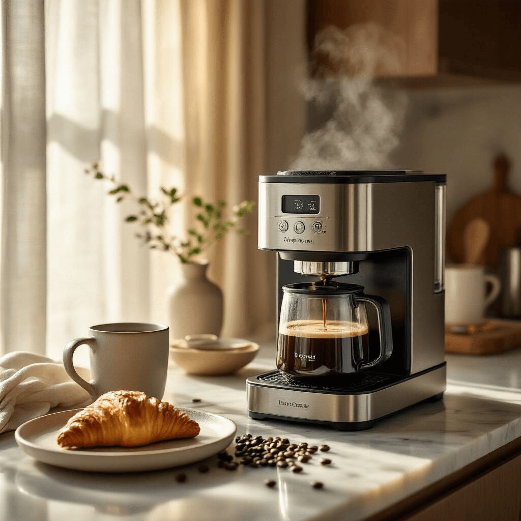 The Wolf Coffee Maker: Everything You Need to Know Before Spending $600 A cozy high-end kitchen bathed in soft golden morning light, featuring a Wolf Gourmet coffee maker brewing coffee, a hand-thrown ceramic mug, an artisanal pastry on a marble plate, and scattered coffee beans, all surrounded by rich stainless steel and warm wood textures.