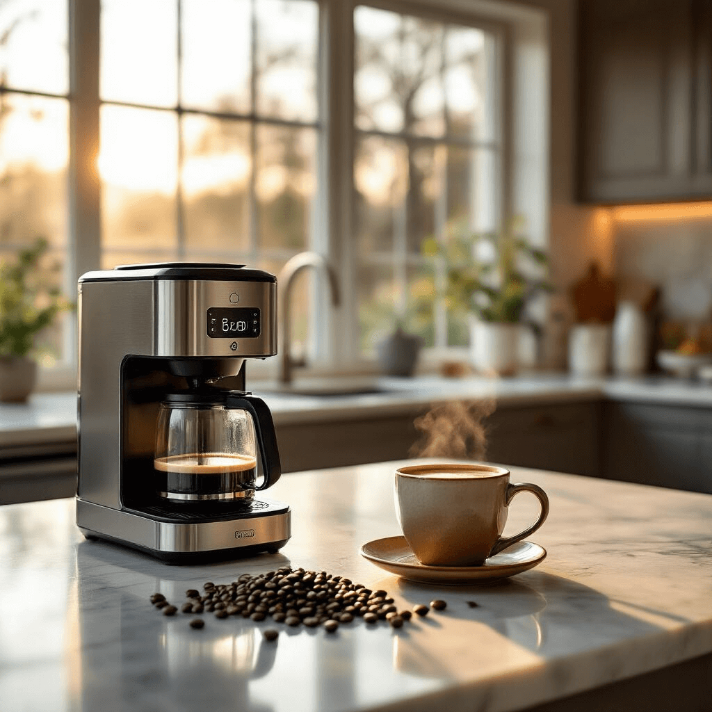 Why Your Morning Coffee Routine Is About to Get a Serious Upgrade A modern kitchen illuminated by golden hour light, featuring a sleek smart coffee maker on a marble countertop, stainless steel appliances, scattered coffee beans, and steam rising from a handcrafted ceramic mug of espresso, all styled with minimalist design elements.