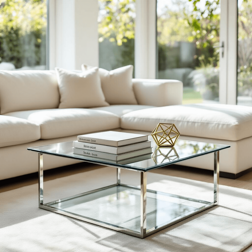 The Simple Coffee Table That'll Transform Your Living Room (Without Trying Too Hard) A contemporary glass-top coffee table with a polished chrome base in a bright living room with floor-to-ceiling windows, a cream sectional sofa, and minimal decor, reflecting soft white walls and natural daylight.