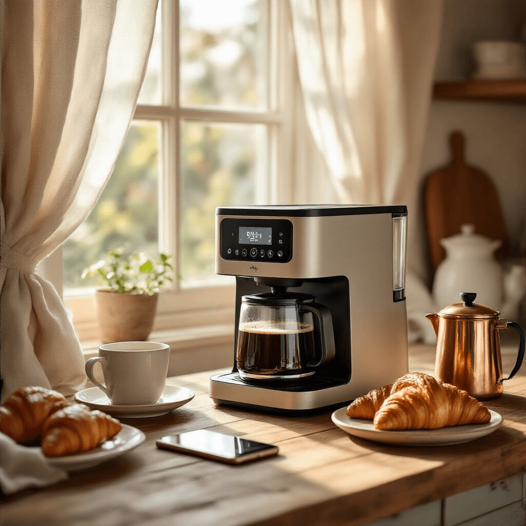 Why Your Morning Coffee Routine Is About to Get a Serious Upgrade A warm and inviting kitchen scene featuring a sleek smart coffee maker on a rustic farmhouse table, bathed in soft morning light. The setup includes a smartphone for brewing controls, a vintage French press, and fresh croissants on a ceramic plate, all in a soft blush and cream color palette.