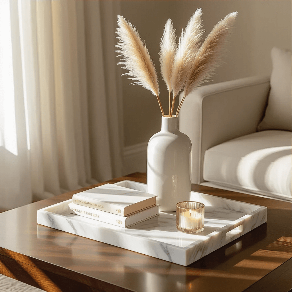 Coffee Table Trays: The One Thing Your Living Room Has Been Missing A marble coffee table tray with a tall white ceramic vase of pampas grass, stacked art books with gold-foil edges, and a hand-blown glass candle holder, on a walnut wood coffee table, illuminated by soft morning sunlight through sheer ivory curtains.