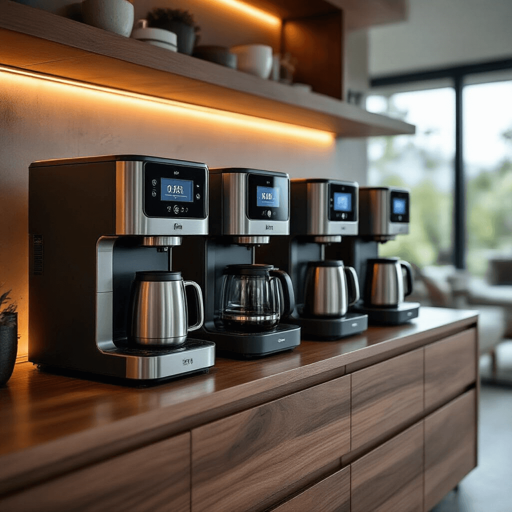 Why Your Morning Coffee Routine Is About to Get a Serious Upgrade High-end tech station displaying multiple smart coffee makers on a walnut console, featuring ambient backlighting and touch screen interfaces, set in a contemporary minimalist living space.