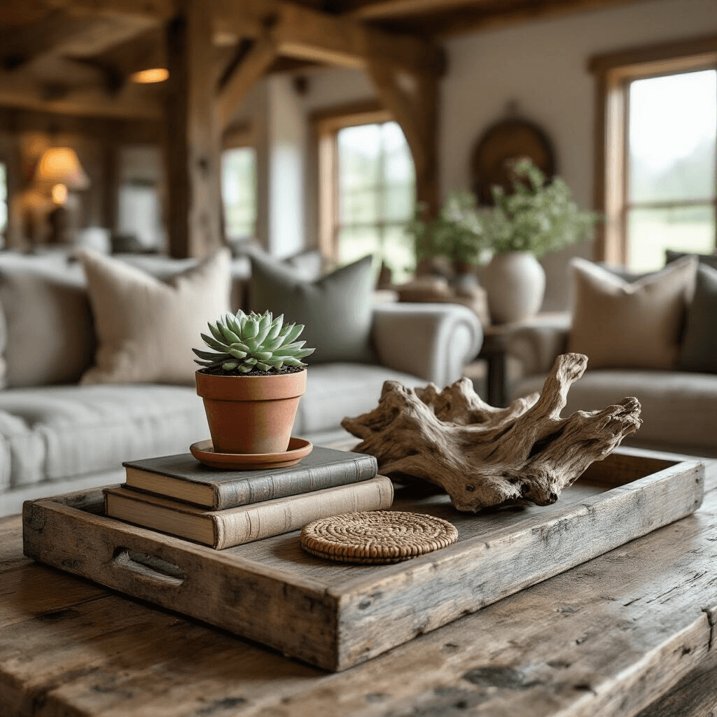 Coffee Table Trays: The One Thing Your Living Room Has Been Missing A rustic wooden coffee table tray holding a succulent in a terracotta pot, vintage leather-bound books, hand-woven sage coasters, and driftwood, set in a cozy farmhouse living room with exposed beams and warm lighting.