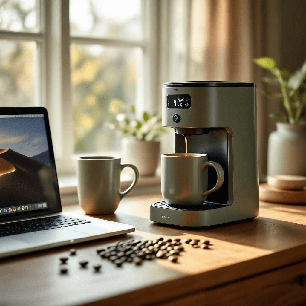 Why Your Morning Coffee Routine Is About to Get a Serious Upgrade A cozy morning workspace featuring a smart coffee maker brewing coffee into a travel mug on a mid-century modern desk, with a MacBook nearby displaying a brewing app, surrounded by artisan coffee beans and soft natural light enhancing the serene atmosphere of muted sage and warm wood tones.