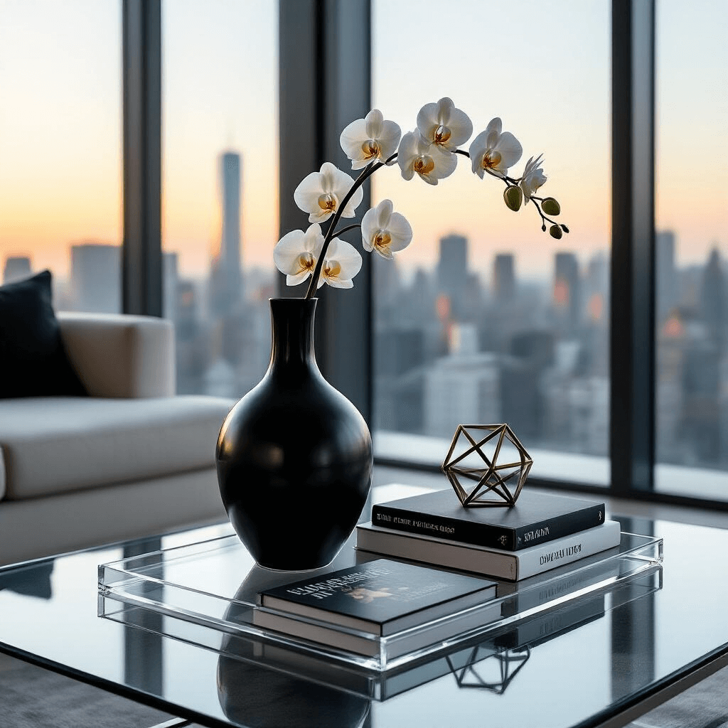 Coffee Table Trays: The One Thing Your Living Room Has Been Missing A minimalist acrylic coffee table tray holds a black ceramic vase with white orchid stems, two oversized monochromatic books, and a geometric metal sculpture on a sleek glass and chrome coffee table, set in a modern urban apartment with a city skyline view at golden hour.