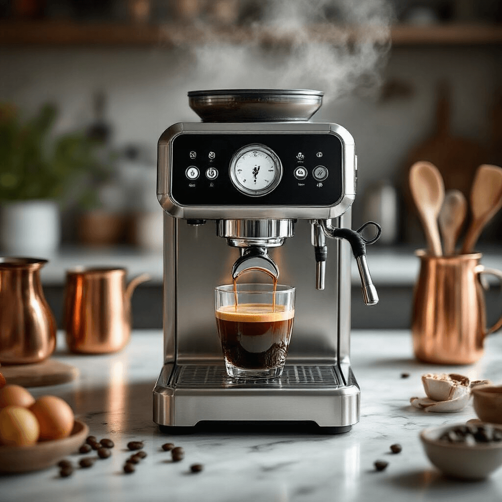 Why Your Morning Coffee Routine Is About to Get a Serious Upgrade Aerial view of a sleek smart espresso machine in action, brewing coffee amidst steam, surrounded by brushed copper kitchen tools and marble surfaces, illuminated by soft diffused lighting that enhances the modern yet warm atmosphere.