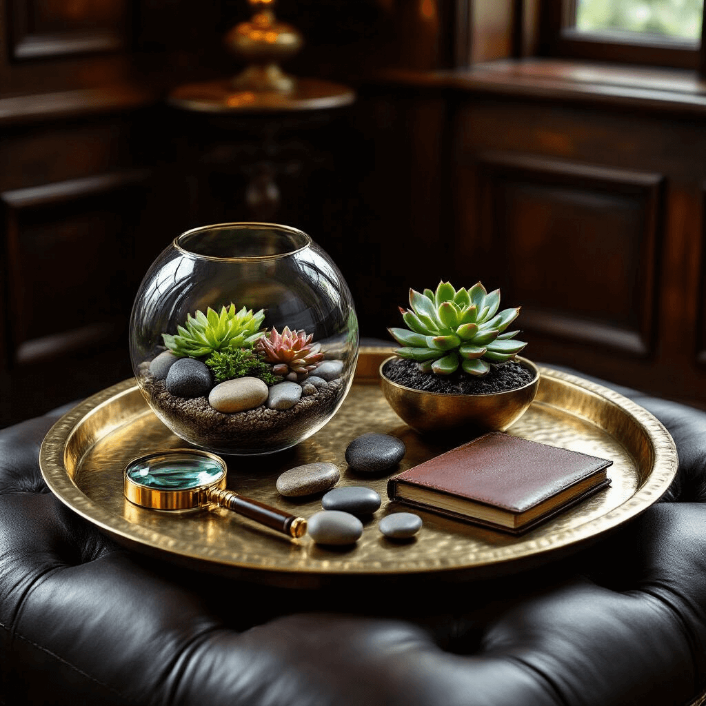 Coffee Table Trays: The One Thing Your Living Room Has Been Missing A brass tray with a hammered texture holds a glass terrarium with miniature succulents, polished river stones, a vintage brass magnifying glass, and a leather-bound journal, all set on a charcoal leather ottoman in a dimly lit study with dark wood paneling.