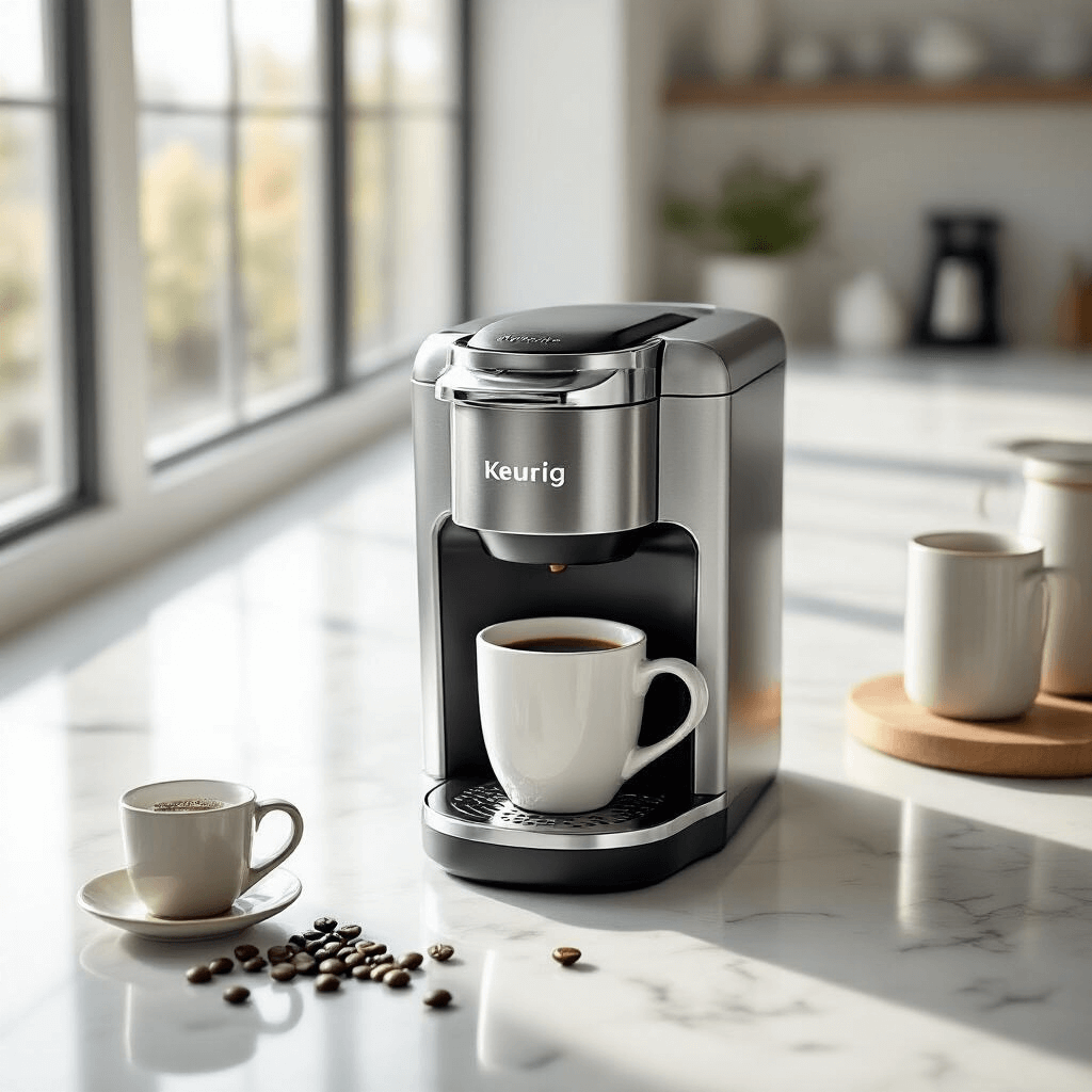 The Honest Truth About Keurig Coffee Makers: Which One Actually Deserves Your Counter Space? A photorealistic overhead shot of a modern kitchen counter featuring a silver Keurig K-Supreme Plus coffee maker between white marble surfaces, with morning light illuminating a neatly arranged coffee station including a partial K-Cup, a ceramic mug, and scattered coffee beans.