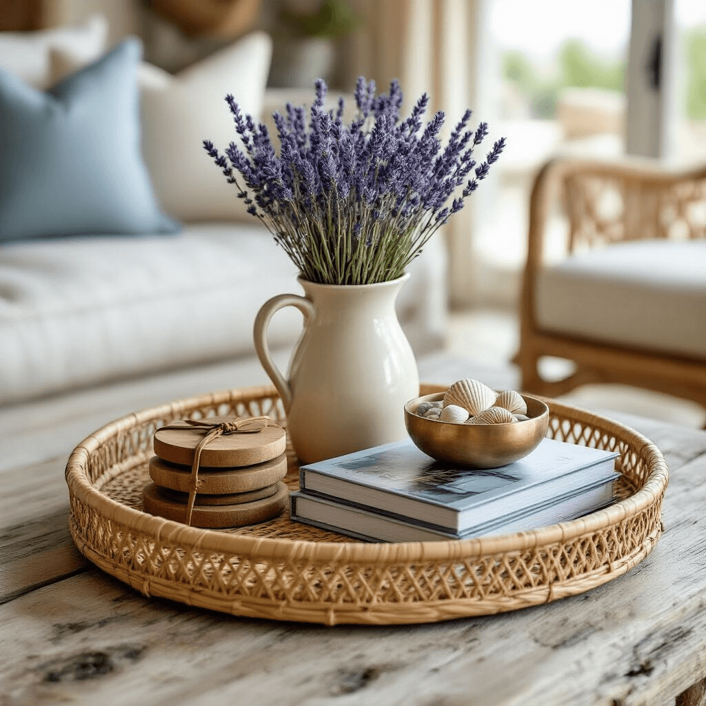 Coffee Table Trays: The One Thing Your Living Room Has Been Missing An organic rattan coffee table tray adorned with dried lavender in a pale ceramic pitcher, stacked travel photography books tied with a leather strap, hand-carved wooden coasters, and a small brass bowl filled with sea shells, set on a bleached driftwood table in a bright coastal living room with soft natural light and blue and sand tones.