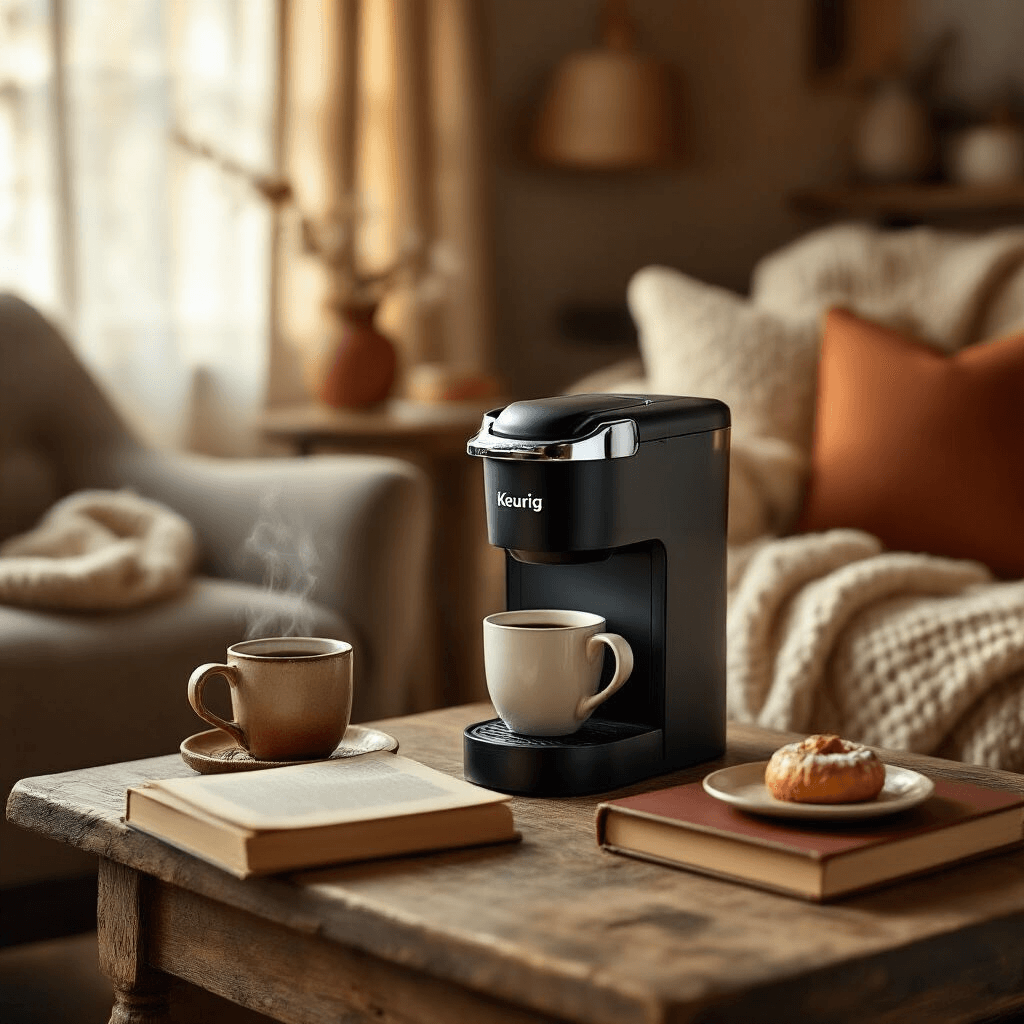 The Honest Truth About Keurig Coffee Makers: Which One Actually Deserves Your Counter Space? A warmly lit living room featuring a compact Keurig K-Mini coffee maker on a rustic wooden side table, accompanied by a steaming mug, a leather-bound book, and a pastry on a ceramic plate, with a cozy reading nook in the soft focus background.