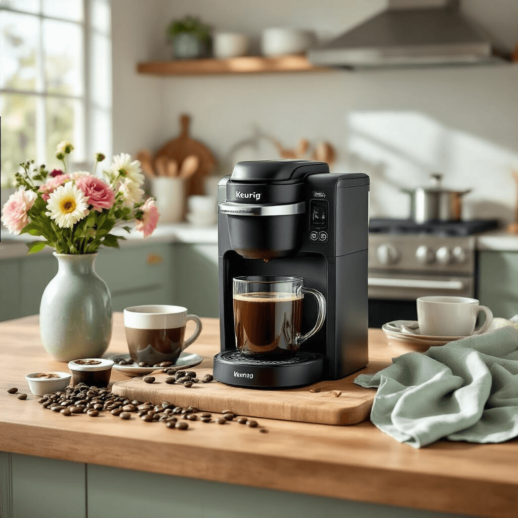 The Honest Truth About Keurig Coffee Makers: Which One Actually Deserves Your Counter Space? A bright kitchen scene featuring a Keurig K-Duo coffee maker on a butcher block countertop, brewing a K-Cup and filling a glass carafe, surrounded by fresh flowers, coffee beans, soft sage green linens, and stainless steel appliances, illuminated by morning sunlight.