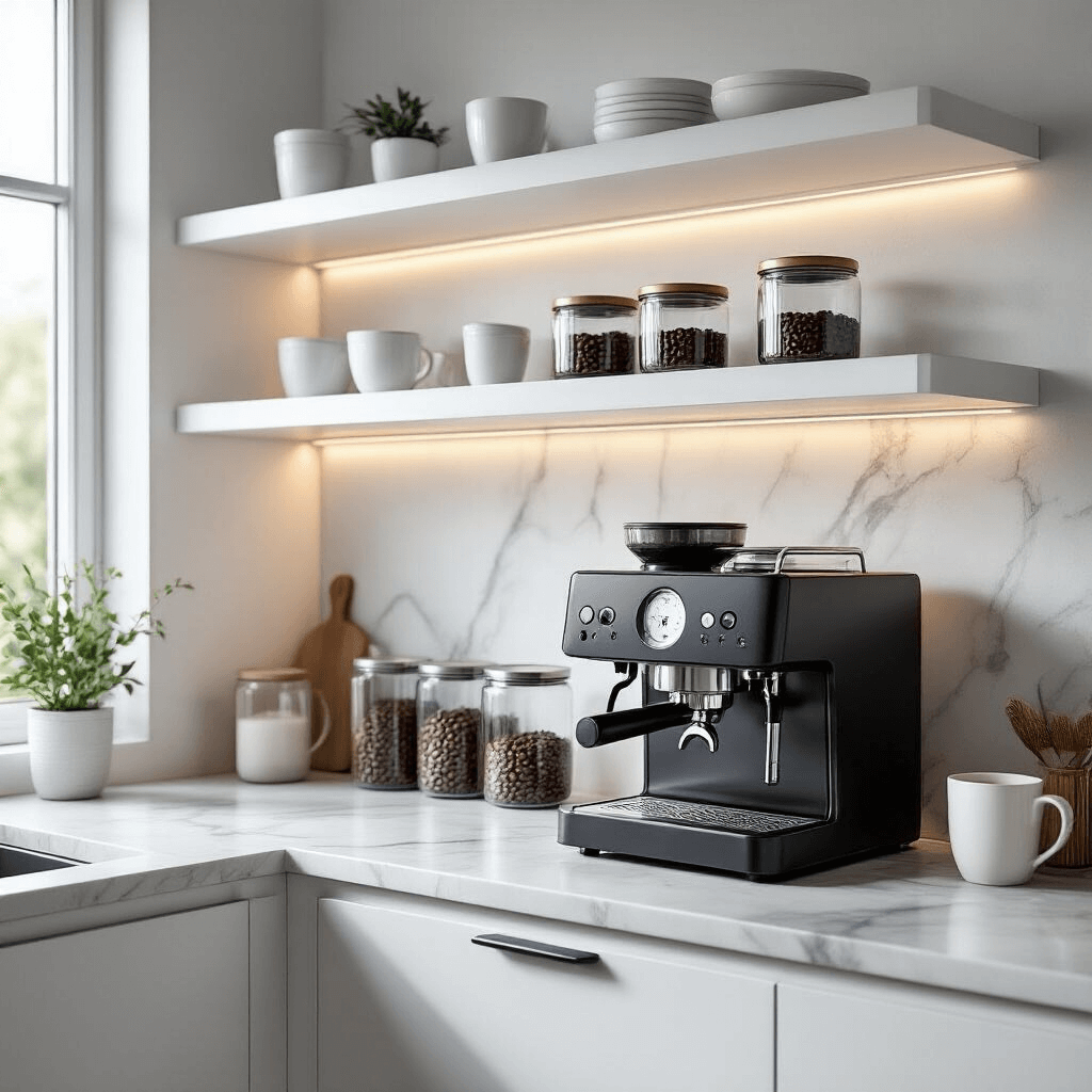 Your Kitchen Needs a Coffee Bar (And Here's Exactly How to Create One) Photorealistic modern minimalist kitchen coffee bar featuring white floating shelves, a matte black espresso machine, and under-cabinet LED lighting on a marble countertop, with glass canisters of coffee beans, soft morning sunlight creating shadows.