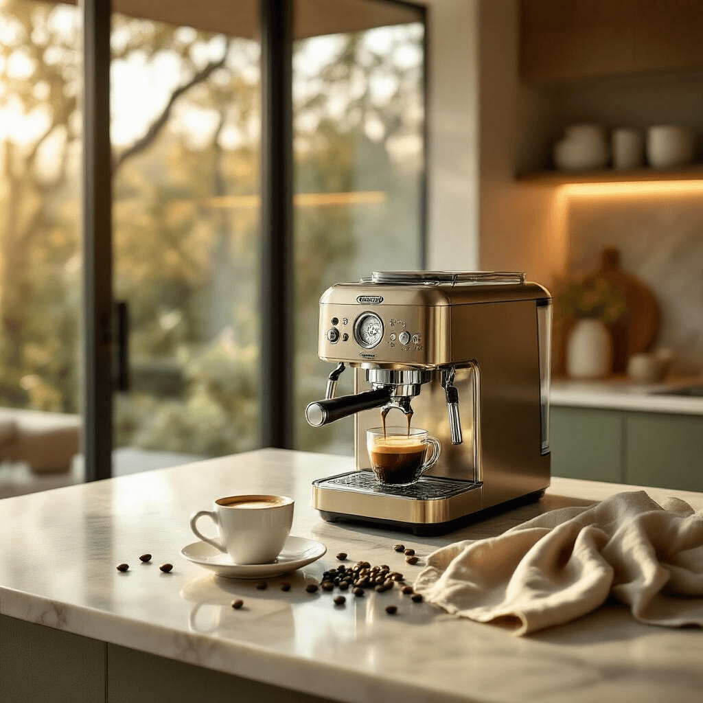 The Real Deal on De'Longhi Coffee Makers: What You Actually Need to Know A luxurious kitchen bathed in soft golden morning light, showcasing a sleek De'Longhi Primadonna Aromatic coffee machine on a marble island, accented by brushed steel details, an espresso cup, scattered coffee beans, and a draped linen towel, all within a warm terracotta and sage green color palette.