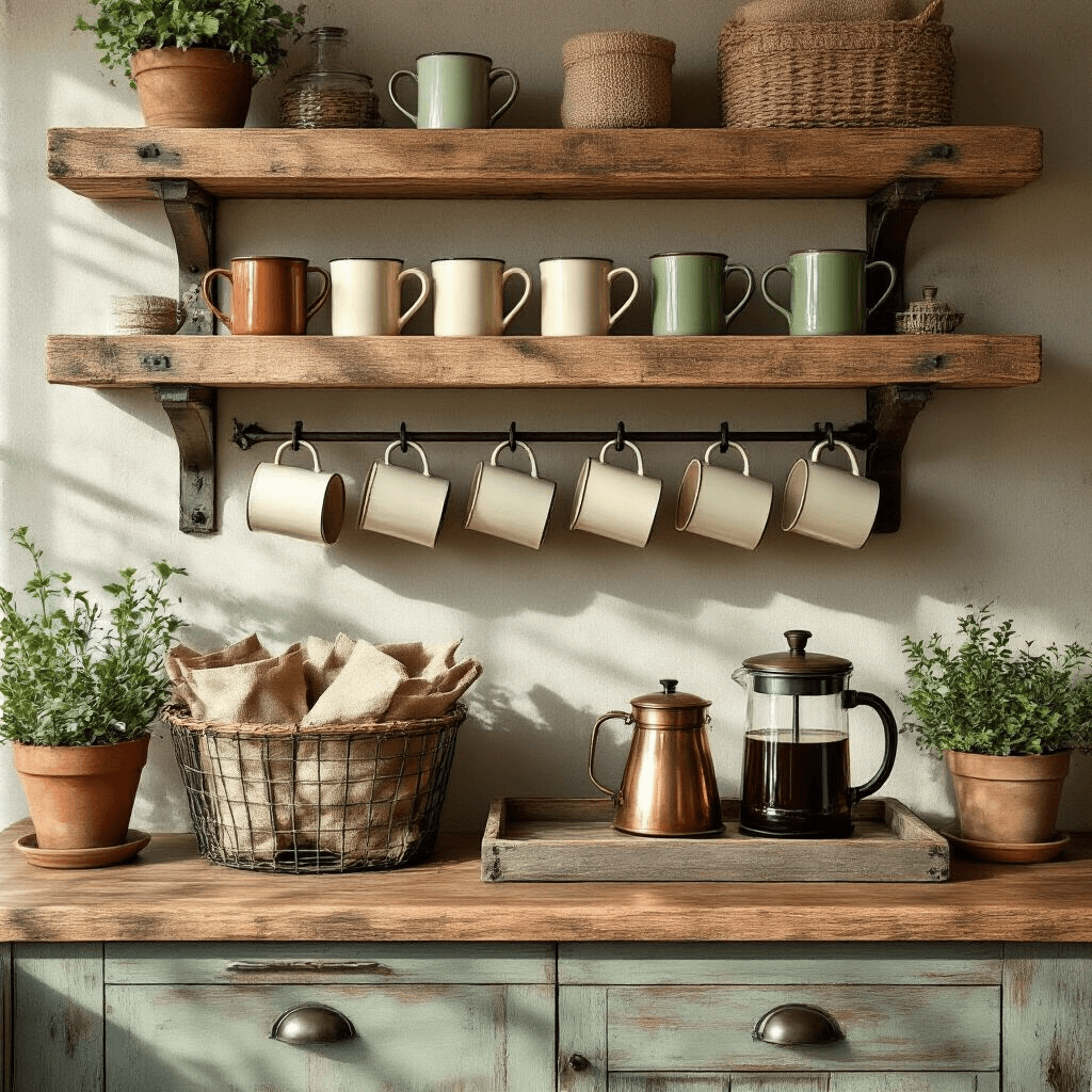 Your Kitchen Needs a Coffee Bar (And Here's Exactly How to Create One) Rustic farmhouse coffee bar with reclaimed wooden shelves, vintage enamel mugs, burlap coffee bags in a woven basket, a copper French press on a distressed tray, and potted herbs, all illuminated by soft morning light.