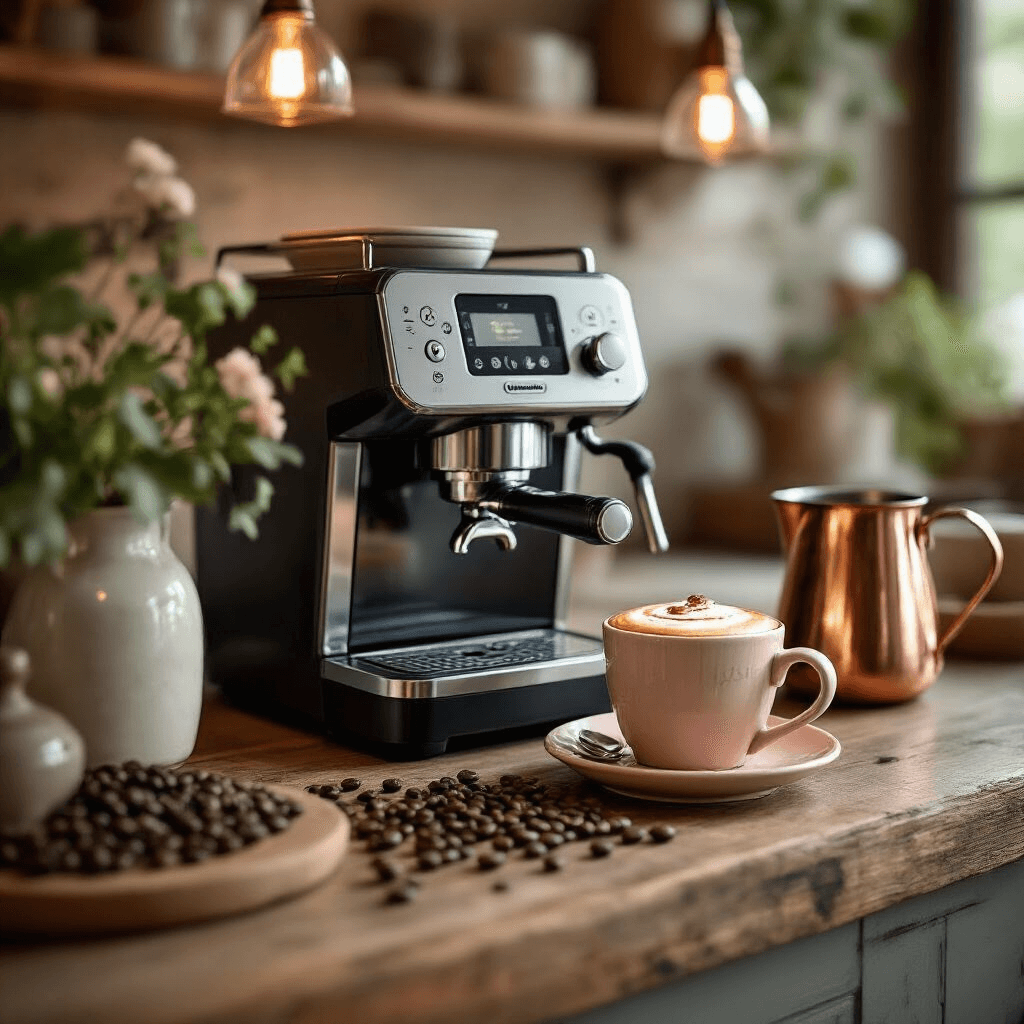 The Real Deal on De'Longhi Coffee Makers: What You Actually Need to Know An intimate home coffee station featuring a De'Longhi Magnifica S Smart machine on a rustic wooden countertop, surrounded by soft ambient lighting, a frothed cappuccino in a ceramic mug, fresh coffee beans, and a vintage copper milk pitcher, with a blush pink and cream color scheme.