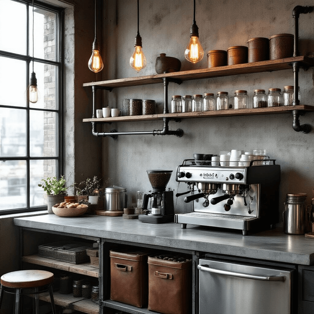 Your Kitchen Needs a Coffee Bar (And Here's Exactly How to Create One) Industrial chic coffee bar in an urban loft kitchen featuring metal pipe shelving, a concrete countertop, a vintage lever espresso machine, exposed Edison bulb lighting, leather-wrapped storage containers, and glass jars, all in a muted gray and metallic color scheme illuminated by early morning light.