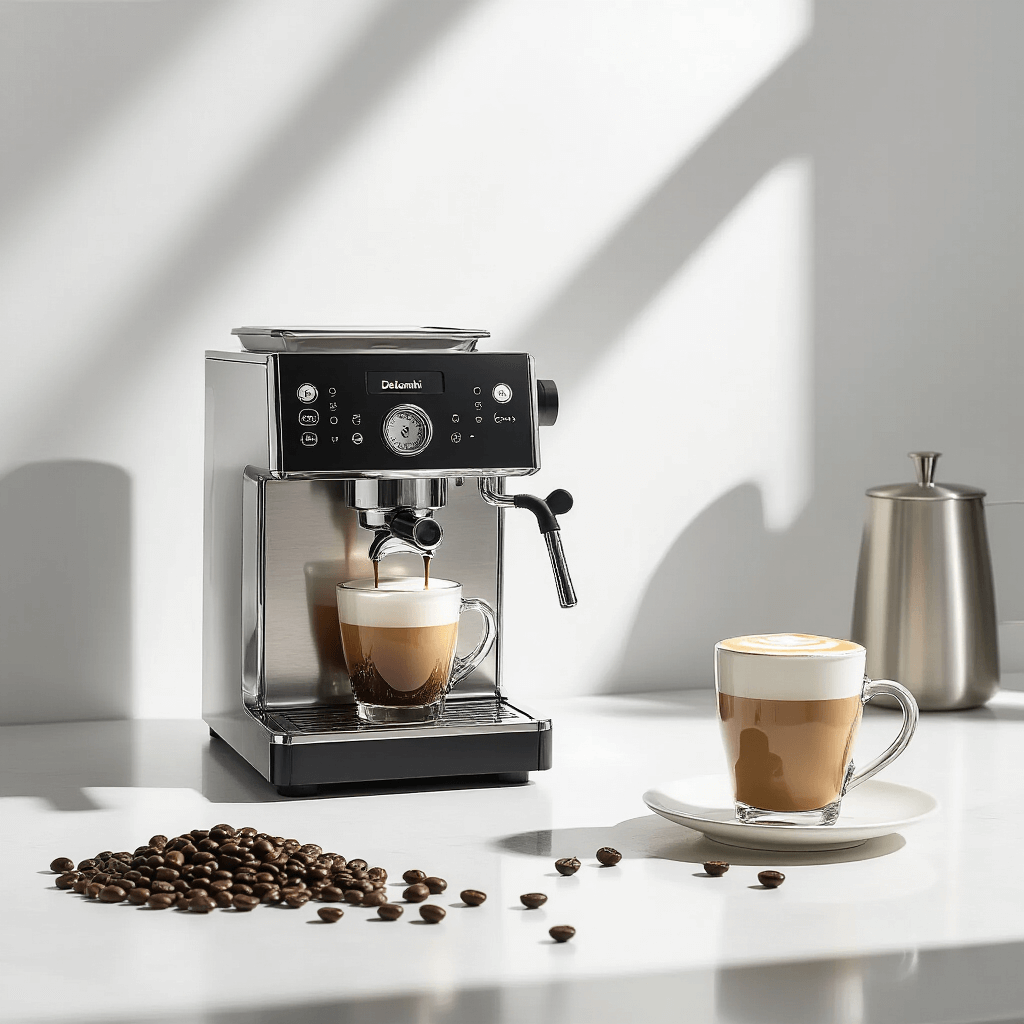 The Real Deal on De'Longhi Coffee Makers: What You Actually Need to Know A modern minimalist kitchen workspace featuring a sleek De'Longhi Rivelia machine against a white backdrop, dramatic side lighting highlighting its design, dual bean hoppers, a flat white with microfoam, scattered artisan coffee beans, and metallic accessories in a crisp ivory and silver palette.
