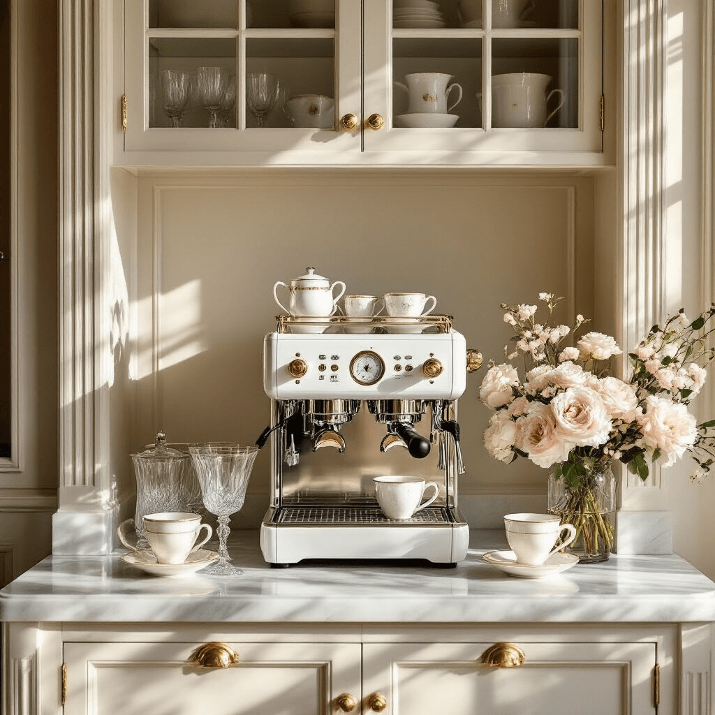 Your Kitchen Needs a Coffee Bar (And Here's Exactly How to Create One) Elegant coffee bar featuring glass-front cabinets, a marble countertop, polished brass hardware, a white porcelain espresso machine, crystalline glassware, bone china cups, a blush floral arrangement, and intricate crown molding, illuminated by soft golden hour sunlight.