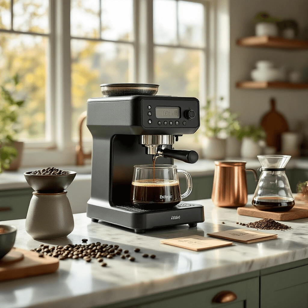 The Fellow Aiden Changed How I Think About Automatic Coffee Makers A bright modern kitchen with a Fellow Aiden coffee maker on a marble countertop, featuring freshly ground coffee beans, a ceramic grinder, a precision scale, and a glass pour-over carafe, all illuminated by natural light. The scene includes coffee origin cards, warm wood tones, sage green cabinets, and stylish copper and ceramic accessories, capturing the essence of specialty coffee brewing.