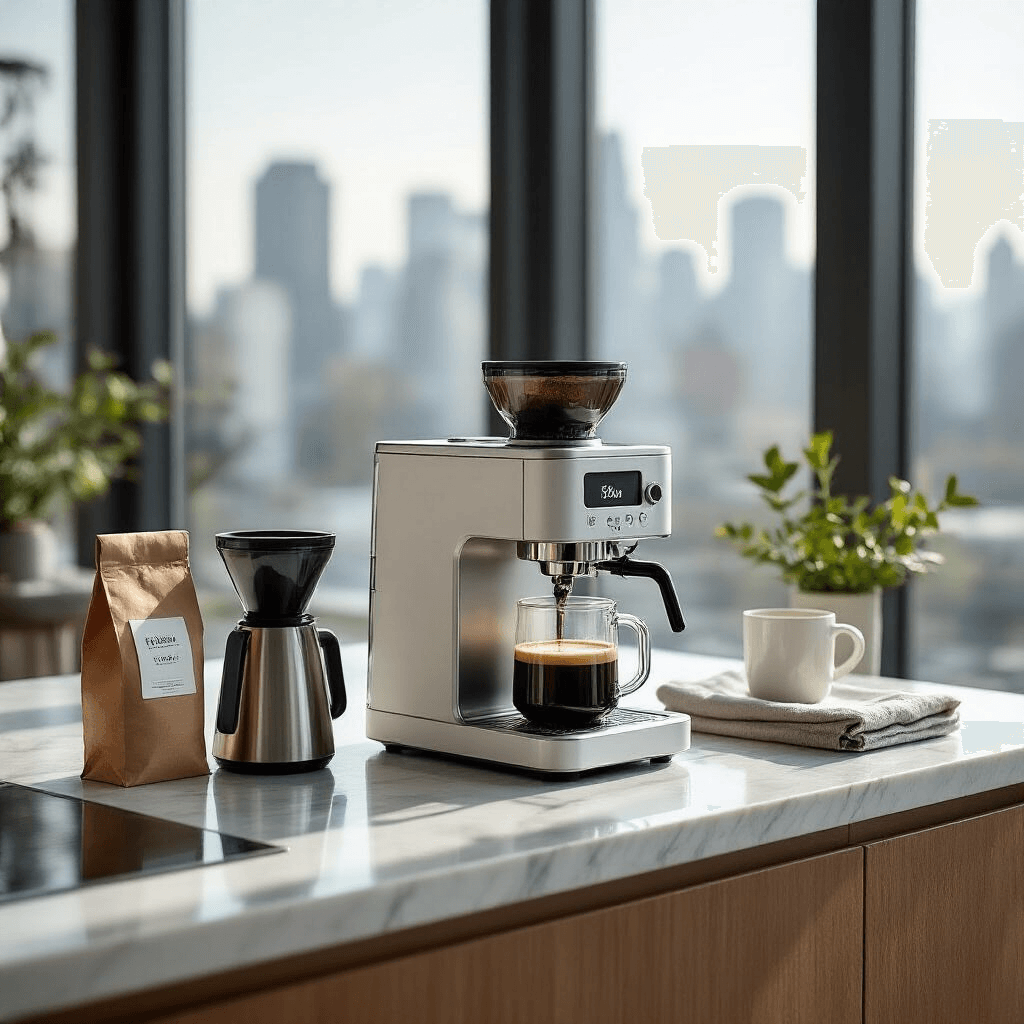 The Fellow Aiden Changed How I Think About Automatic Coffee Makers A minimalist kitchen workspace showcasing the Fellow Aiden coffee machine on a white marble countertop, accented by stainless steel, with floor-to-ceiling windows revealing an urban landscape. The scene includes a high-end burr grinder, digital scale, and thermal carafe arranged symmetrically, illuminated by soft morning light. A single origin coffee bag and a folded linen towel add human elements to the design-focused environment.