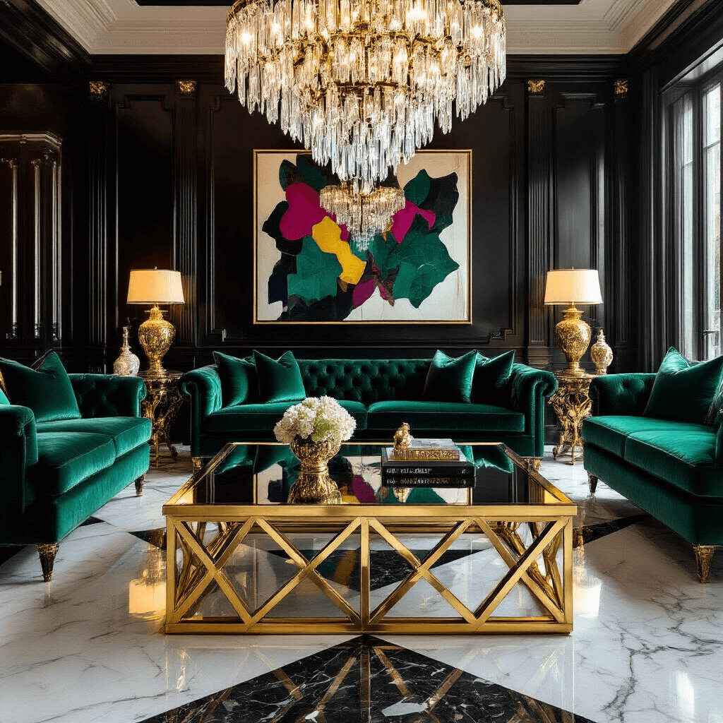 Vintage Coffee Tables: Your Complete Guide to Finding and Styling Timeless Pieces A luxurious Hollywood Regency living space featuring a bold mirrored coffee table with a brass geometric frame, surrounded by deep emerald velvet sofas and black and white marble flooring, ornate gold-leafed side tables, and a large abstract art piece in jewel tones, all illuminated by a dramatic crystal chandelier.