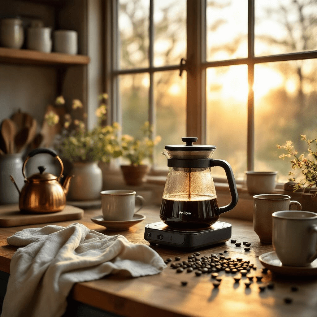 The Fellow Aiden Changed How I Think About Automatic Coffee Makers A cozy kitchen bathed in golden hour sunlight, featuring a Fellow Aiden brewing coffee near large windows, surrounded by rustic wooden surfaces, a ceramic French press, scattered coffee beans, a handwritten recipe, soft linen towels, a vintage copper kettle, and artisan ceramic mugs, all evoking a warm morning coffee ritual.