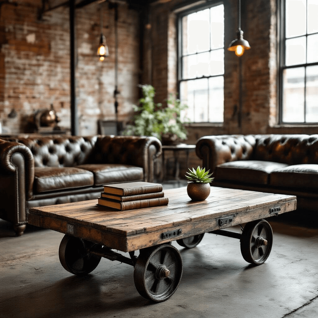Vintage Coffee Tables: Your Complete Guide to Finding and Styling Timeless Pieces A rustic industrial loft featuring a reclaimed wood factory cart coffee table with cast iron wheels, surrounded by distressed leather sofas and illuminated by natural light through large windows, adorned with vintage books, an antique compass, and a potted succulent.