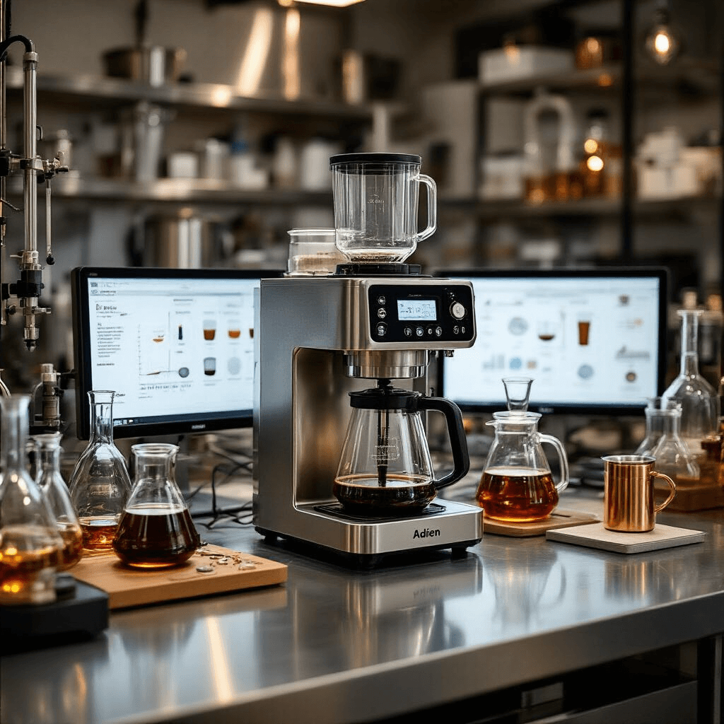 The Fellow Aiden Changed How I Think About Automatic Coffee Makers An experimental coffee brewing laboratory showcasing the Fellow Aiden surrounded by scientific equipment, including stainless steel surfaces, digital thermometers, and refractometers. The setup features coffee origins labeled, brewing profiles on screens, glass beakers, and copper accessories, illuminated by soft, clinical lighting with warm accents, emphasizing a precise and serious approach to coffee brewing.