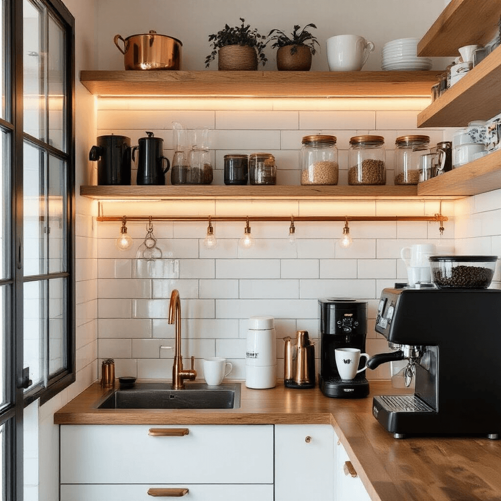 Creating a small coffee bar A stylish coffee nook in a compact urban apartment featuring floating wood shelves, magnetic storage, matte black appliances, and white subway tiles, accented with copper and glass jars, all bathed in warm golden hour lighting.