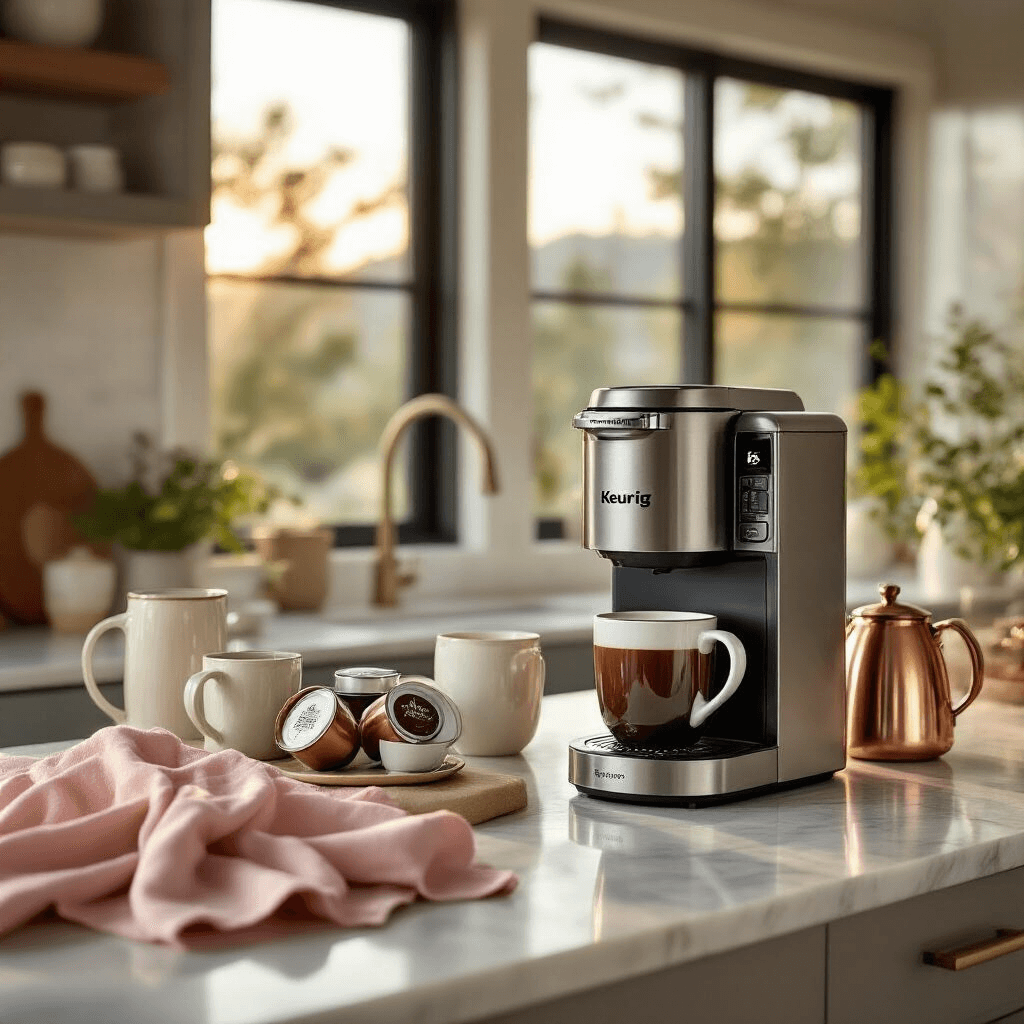 Keurig Coffee Makers on Sale: Where to Find the Best Deals Right Now A luxurious kitchen bathed in golden hour light, showcasing a stainless steel Keurig K-Café on a marble countertop with organized K-Cups, a milk frother, artisanal mugs, blush pink towels, and a copper kettle, creating an inviting coffee preparation space.